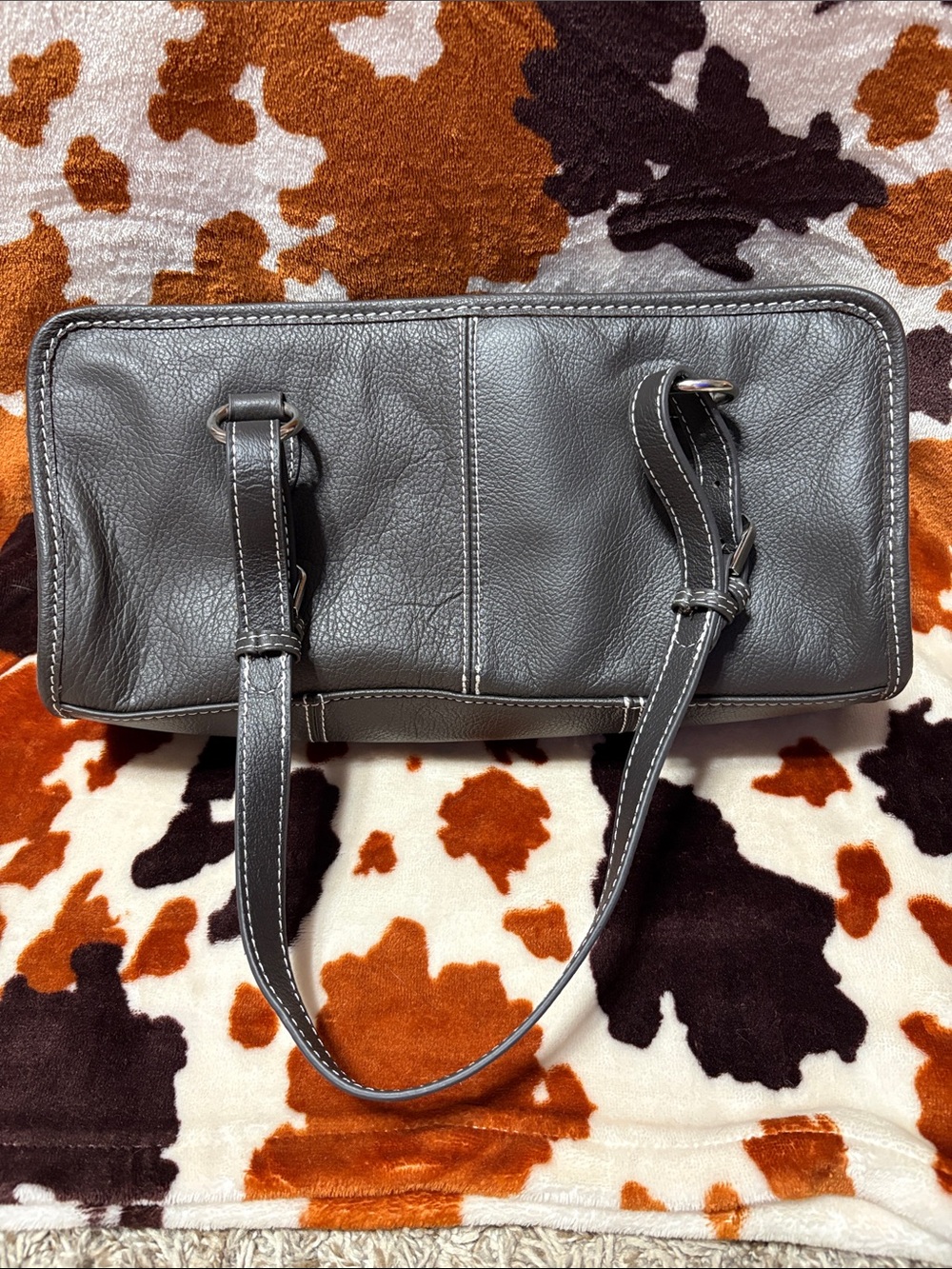 Dark Brown Leather Shoulder/Arm Bag with White Stitching